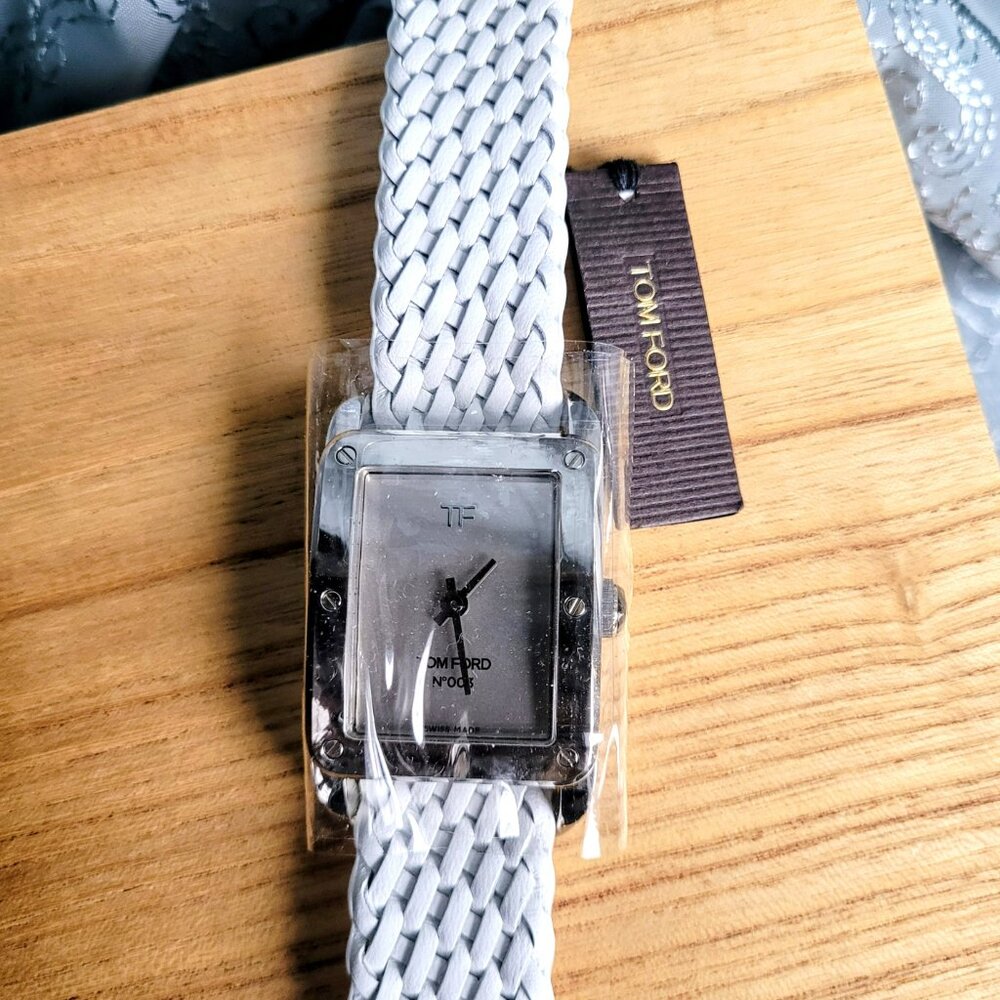 Tom Ford No.003 Watch Gunmetal Gray Face White Braided Leather Stainless Steel